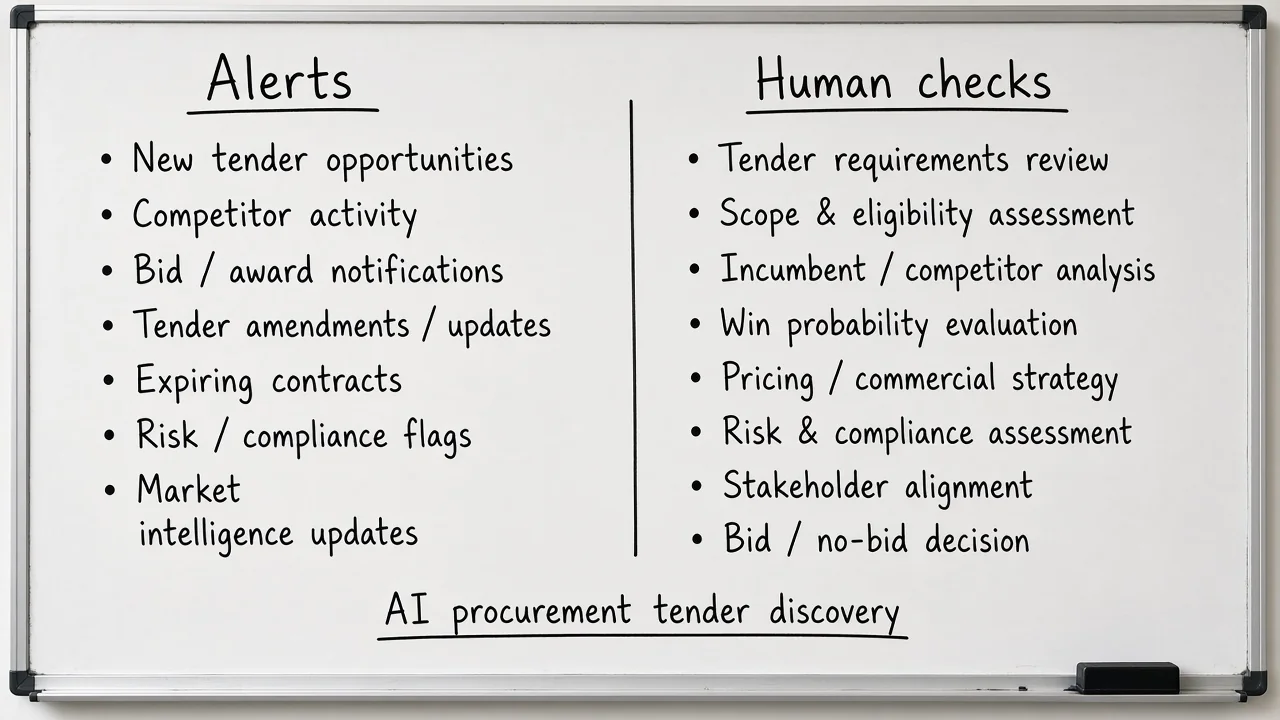 Whiteboard showing human checks versus machine-generated tender alerts.
