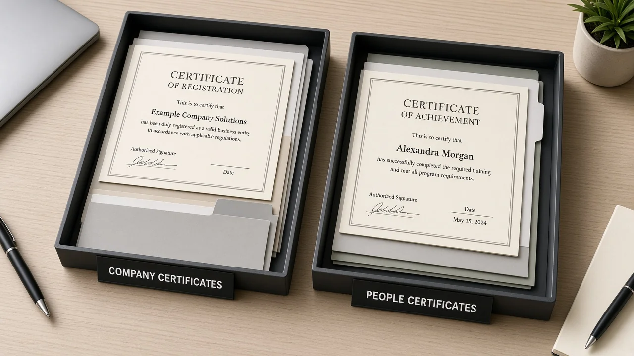 Two stacks labelled company certificates and people certificates.