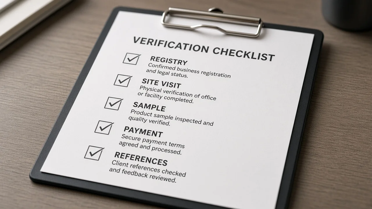 Verification checklist: registry, site visit, sample, payment, references.