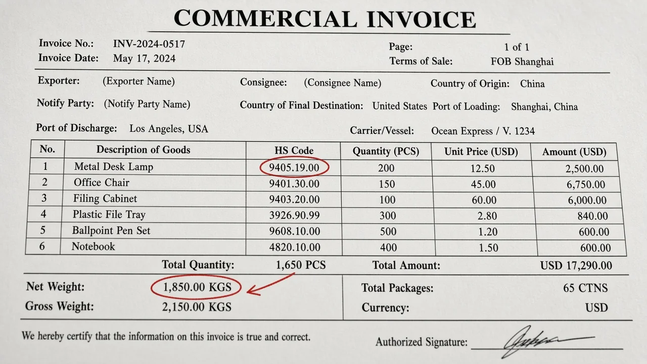Red circles on a printed invoice highlighting mismatched weight and HS code.