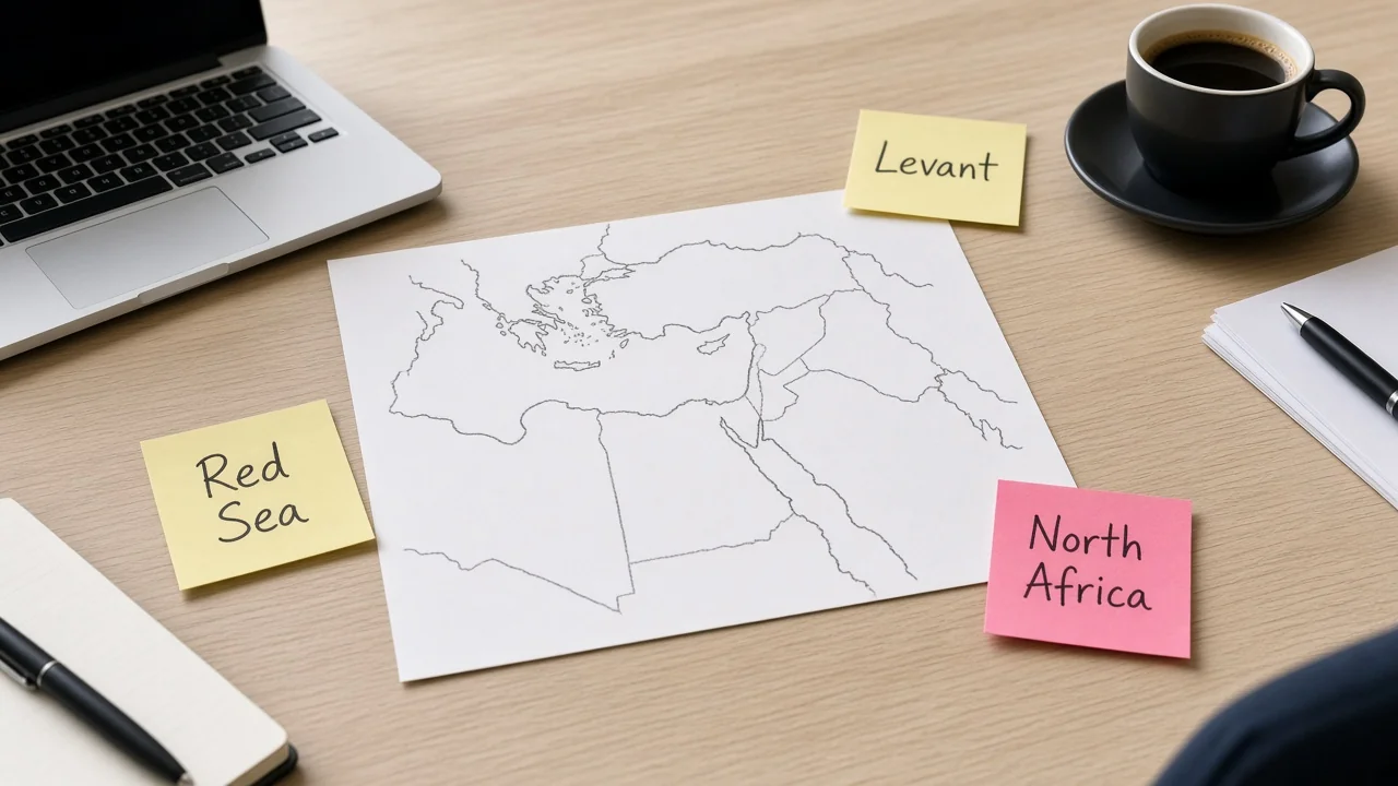 Map-style table discussion of regional lanes with sticky notes, no official map brands.