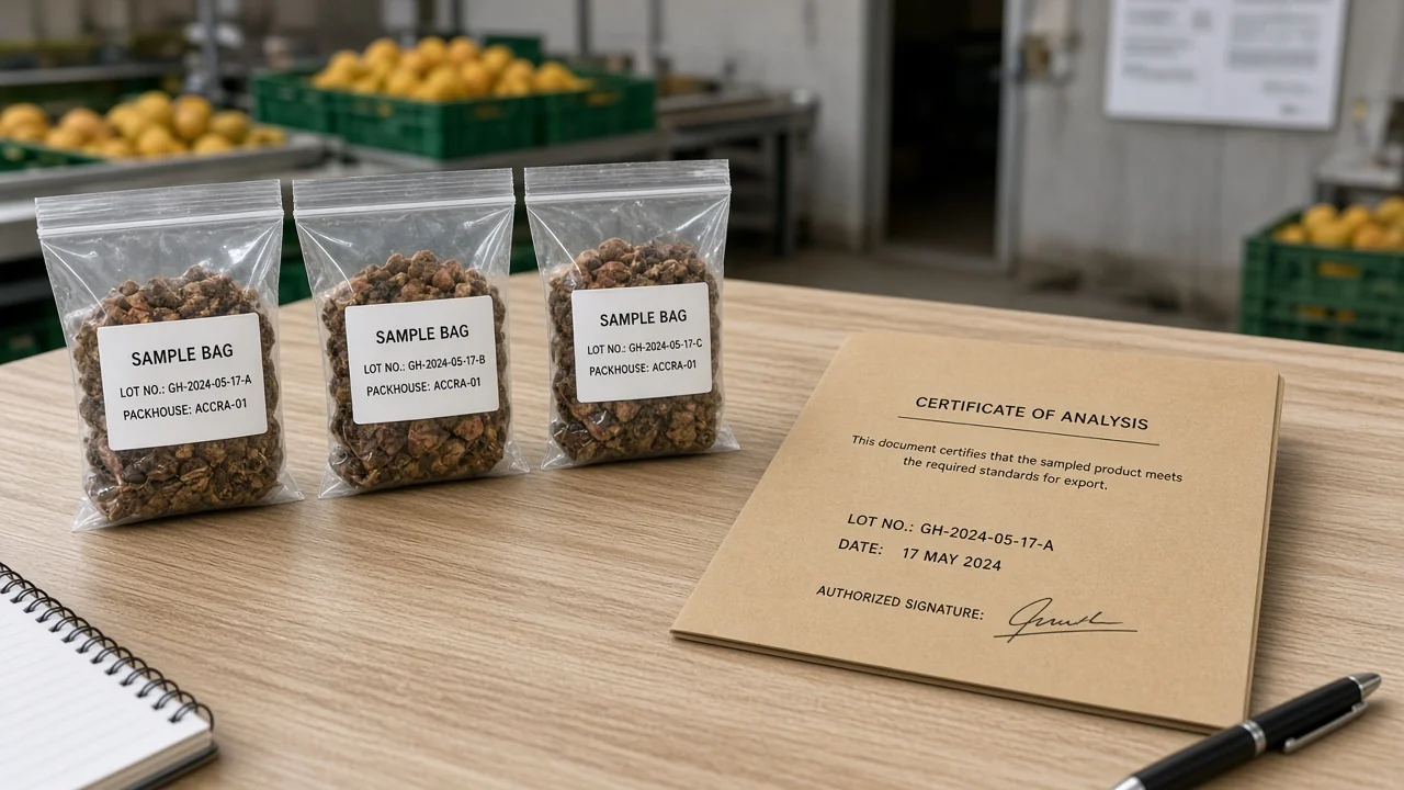Lab sample bags and a generic certificate folder on a packhouse office desk.