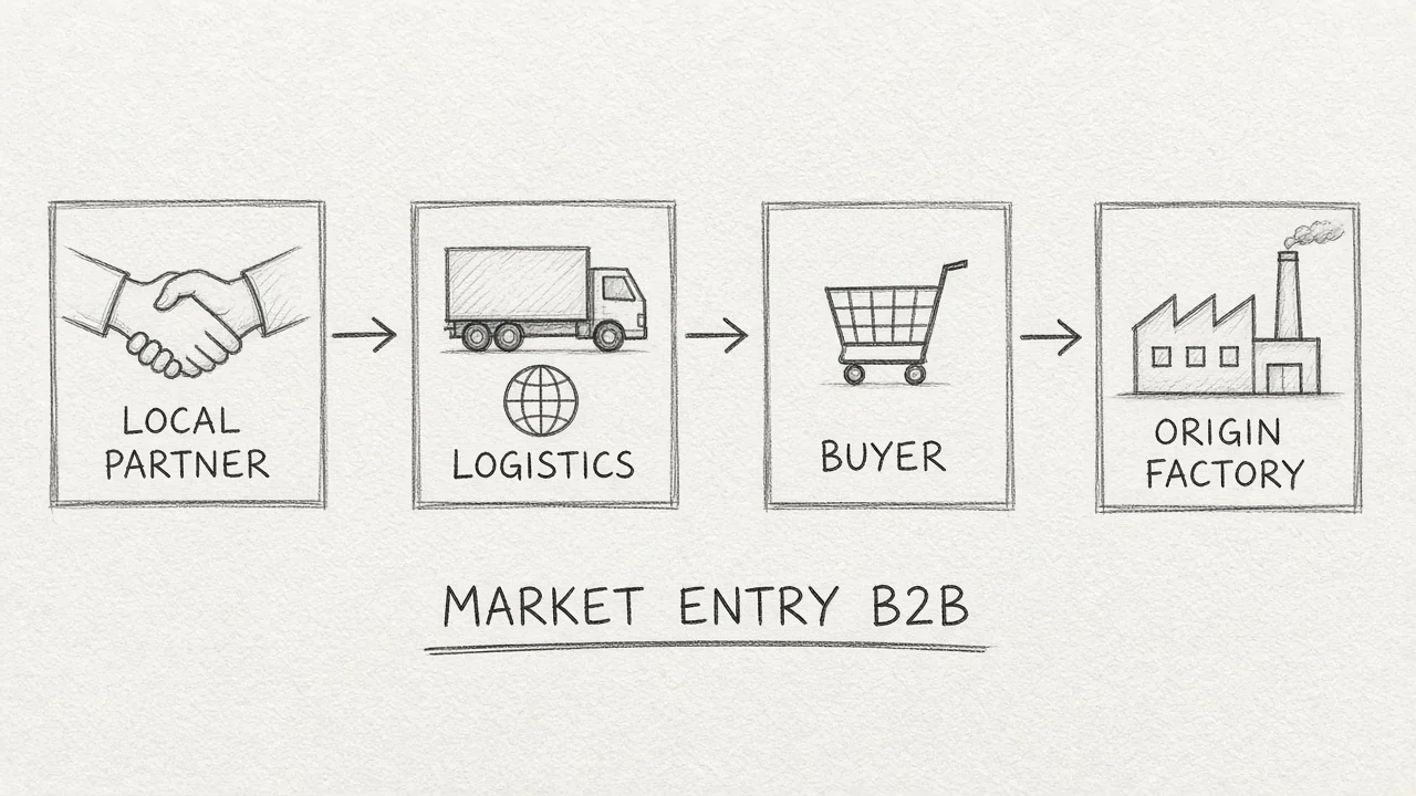 Simple map of roles: local partner, logistics, buyer, origin factory.