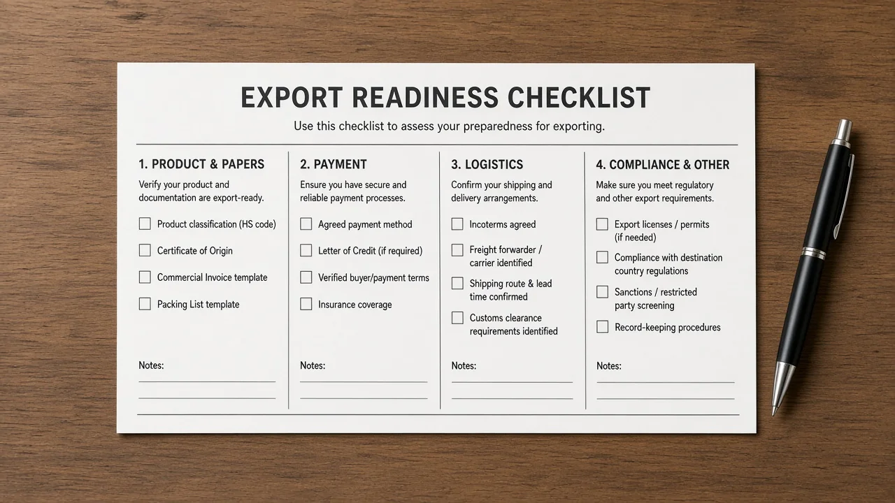 Printed export readiness checklist with boxes for product, papers, payment, and logistics.