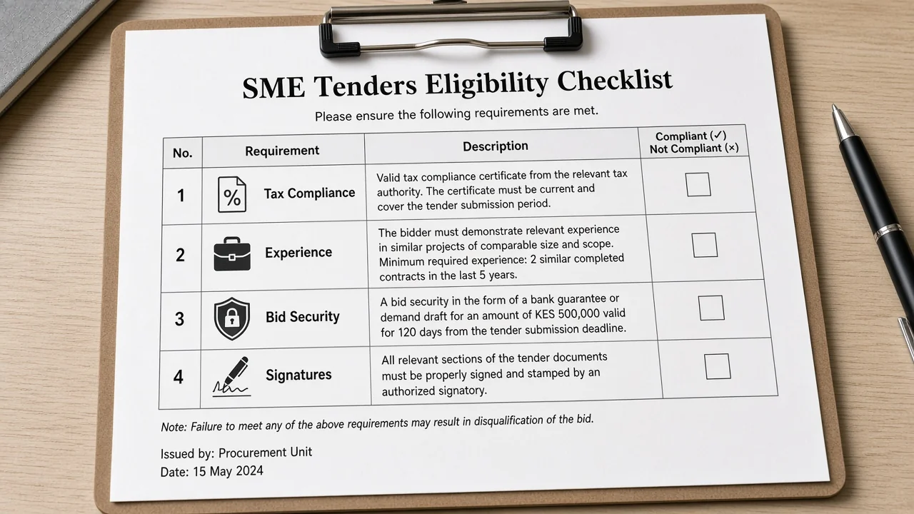 Checklist of eligibility items: tax, experience, bid security, signatures.