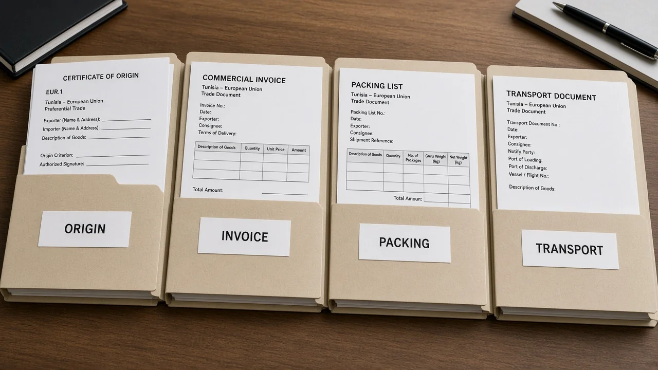 Folder labelled origin, invoice, packing, and transport on a desk.